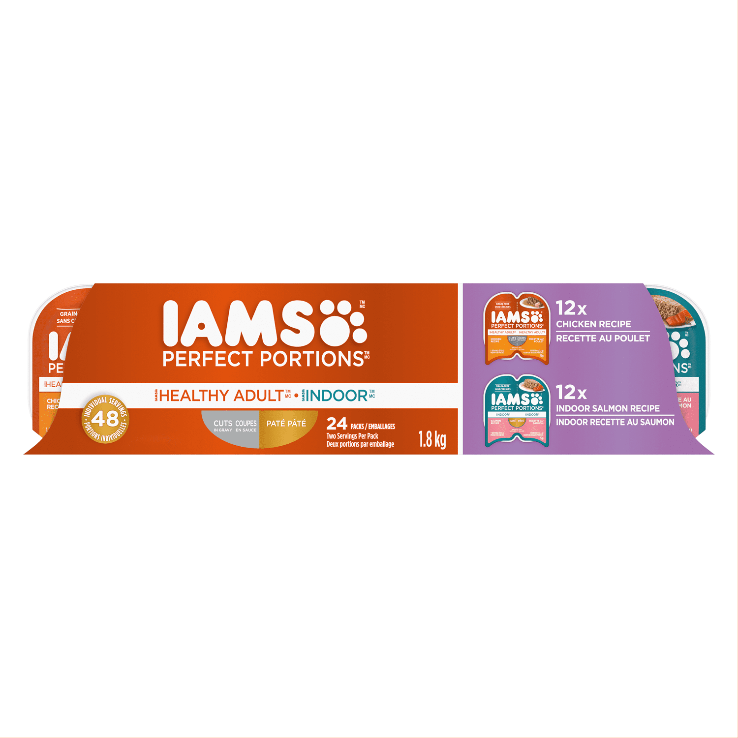Iams Perfect Portions Sans Grains Coupes de Poulet en Sauce & Pâté au Saumon d'Intérieur Assortiment Adulte en Santé Nourriture Humide pour Chat Lot de 24