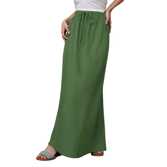 GPOECD Linen Maxi Skirts For Women Summer Comfortable Drawstring Waist A Line Boho Long Flowy Skirt