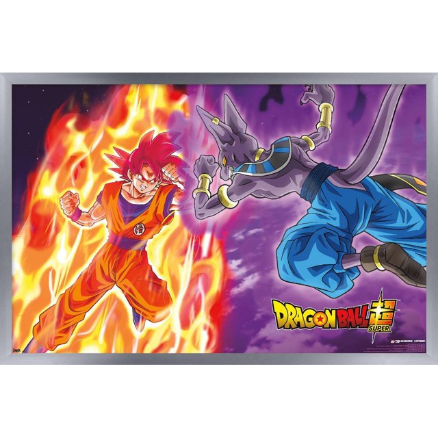 Dragon Ball : Super - Affiche Murale de Bataille de Dieux, 22,375 Pouces x 34 Pouces Représentant Goku en Forme de Dieu Super Saiyan Rouge avec des Flammes orange Ardentes à Gauche, Face à Beerus, le Dieu Violet de la destruction en Pantalon Bleu et des Accessoires Dorés à Droite, sur un Fond Cosmique Violet avec le logo Dragon Ball Super en Bas à Droite. Convient à l'Encadrement Ou au Montage comme art Mural vibrant.