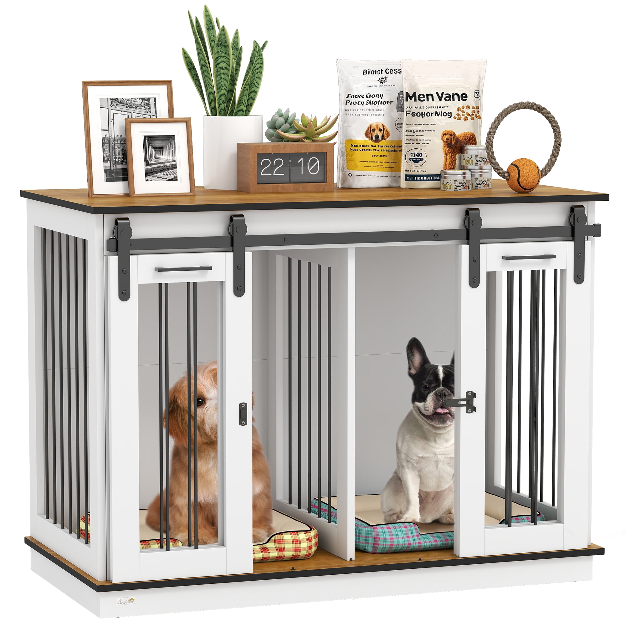 CoSoTower Meuble pour Cage de Chien 47 Pouces avec Panneau de Séparation, Chenil en Bois pour Grandes Races, Table d'Appoint pour 2 Petites Races avec 2 Designs de Pièces, 2 Portes Coulissantes, Blanc