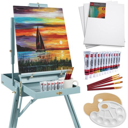 Best Choice Products French Easel 32pc Beginners Kit Portable Wooden Adjustable Sketch Box Tripod with Acrylic Paints Brushes Canvases Palettes Blue