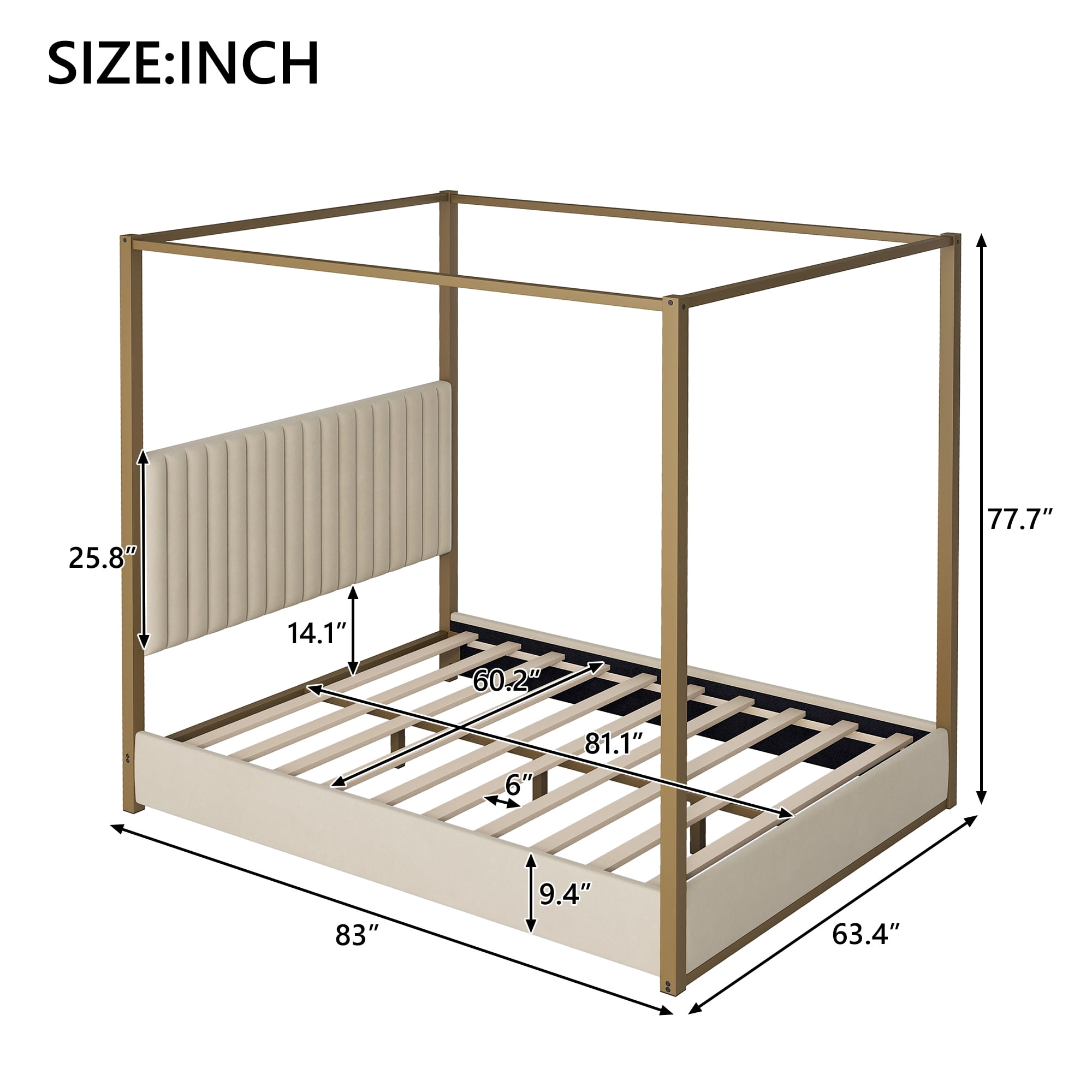 Noble House Queen Size Upholstery Canopy Platform Bed with Headboard and Metal Frame, Beige
