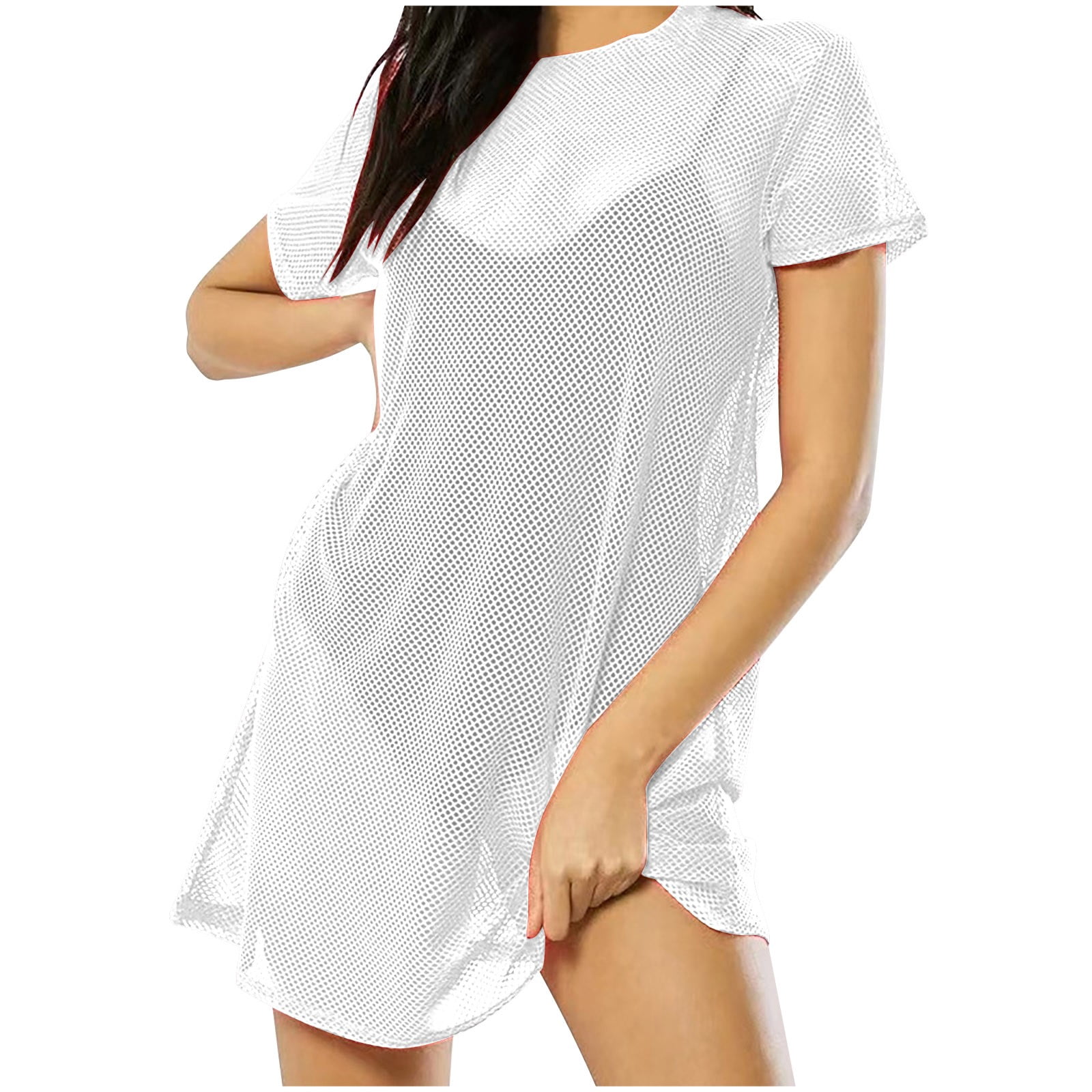 Timegard Womens Tops Mesh Crew Neck Short Sleeve Lightweight Tee Shirts Fall Casual Loose Long Tops