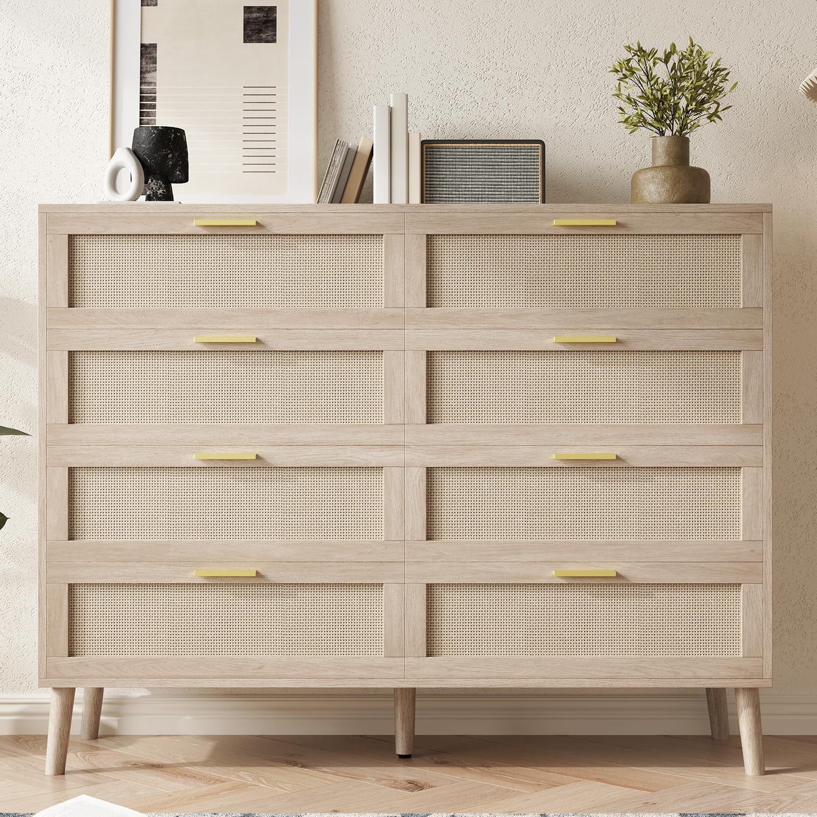 Yiwa Farmhouse Rattan Dresser, 8 Drawers, Wood Chest with Gold Handles, Oak Finish