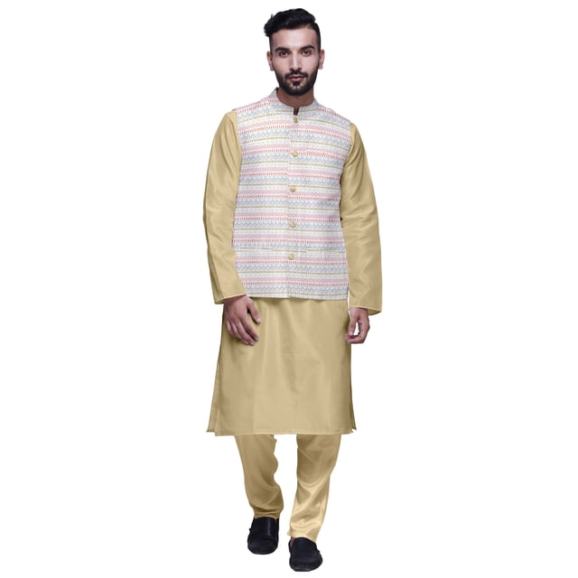 Atasi Solid Kurta Pajama & Printed Nehru Jacket Set For Mens Party Wear