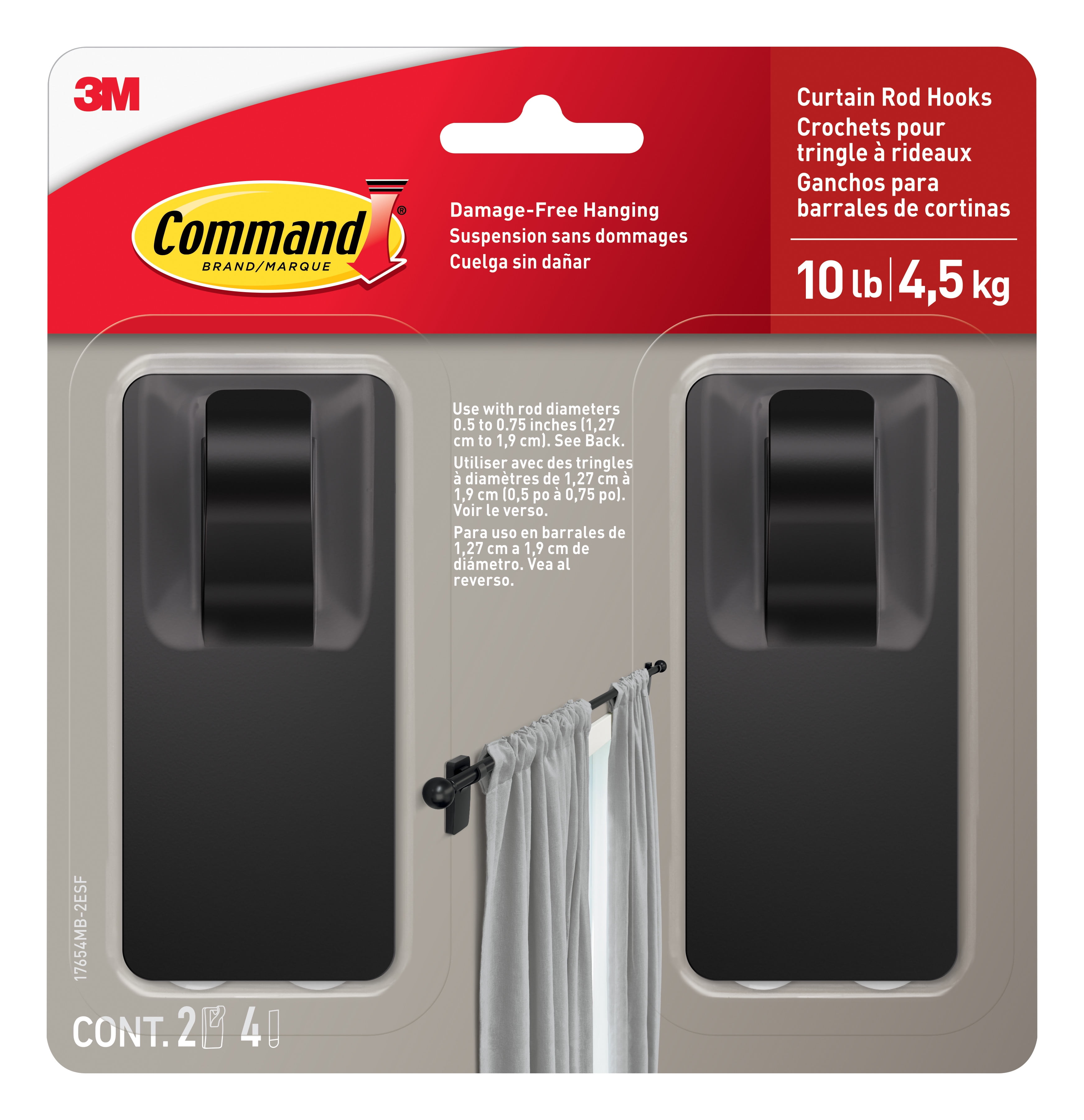 Command Matte Black Curtain Rod Hooks, 2 Hooks, 4 Adhesive Strips