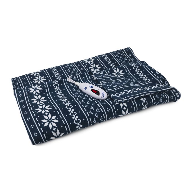 Pure Warmth Microplush Electric Heated Warming Throw Blanket Navy Blue Fair Isle