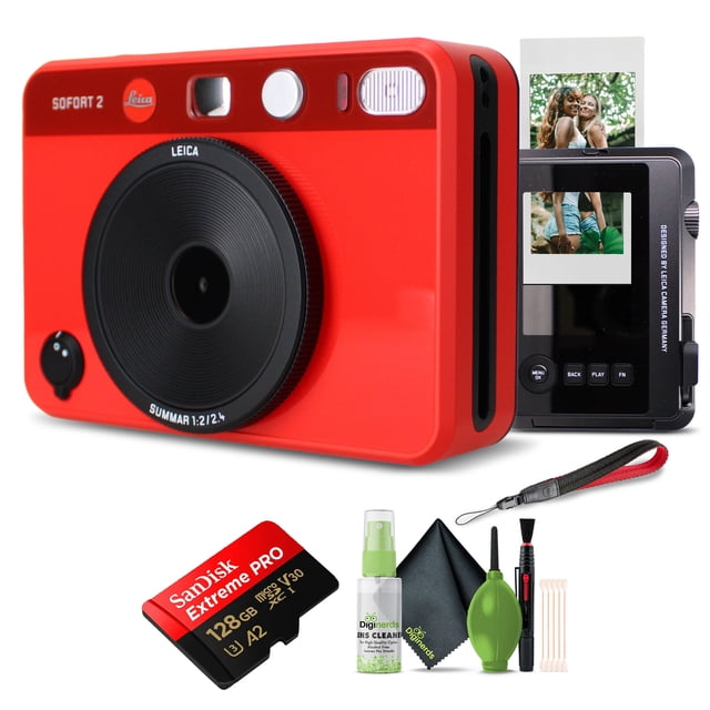 Leica Sofort 2 Hybrid Instant Photo Film and Digital Camera (Red) (19189) with LCD Display Bundle with 128 GB Memory Card + Cleaning Kit