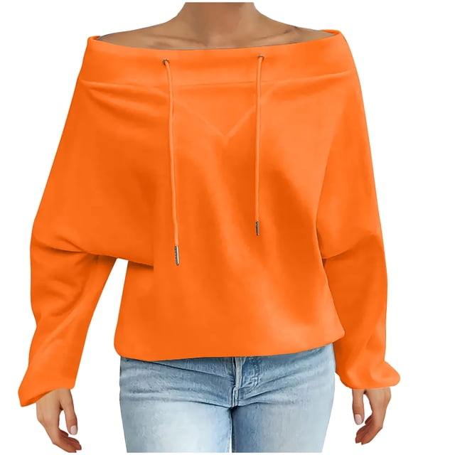 Women's Off Shoulder Sweatshirt Adjustable Drawstring Oversized Long Sleeve Shirt Pullover Basic Slouchy Clothes 2025