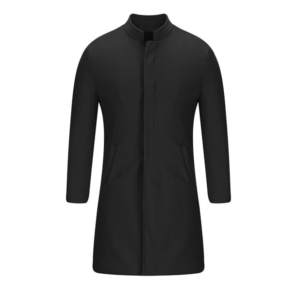 EQWLJWE Mens Black Trench Coat Stand Mandarin Collar Single