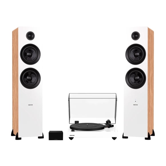 Fluance RT82 Reference High Fidelity Vinyl Turntable (White), PA10 Phono Preamp and Ai81 Powered Floorstanding Speakers (Bamboo), Ortofon OM10 Cartridge, 150W Class D Amplifier, Bluetooth