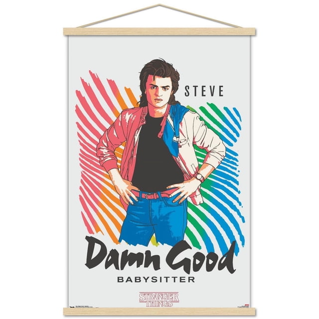 Netflix Stranger Things : Saison 2 - Affiche Murale de la Gardienne, 14,725 Po x 22,375 Po, Représentant Steve dans une Veste Rouge, Chemise Noire et jeans Bleus avec une Ceinture Rouge, Debout avec les Mains sur les Hanches sur un Fond Rayé Coloré, Présentant le Texte « Putain de Bonne Gardienne » et le logo Stranger Things, Convient pour l'Art Mural de Chambre Ou de Dortoir.
