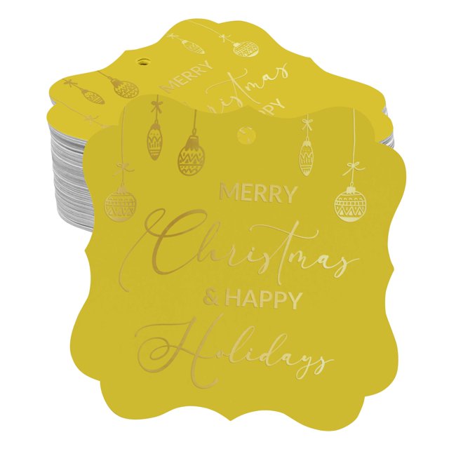 Inkdotpot Merry Christmas & Happy Text Bottle Tag Real Gold Foil Favor Bracket Shape Hang Tags Pack Of 100