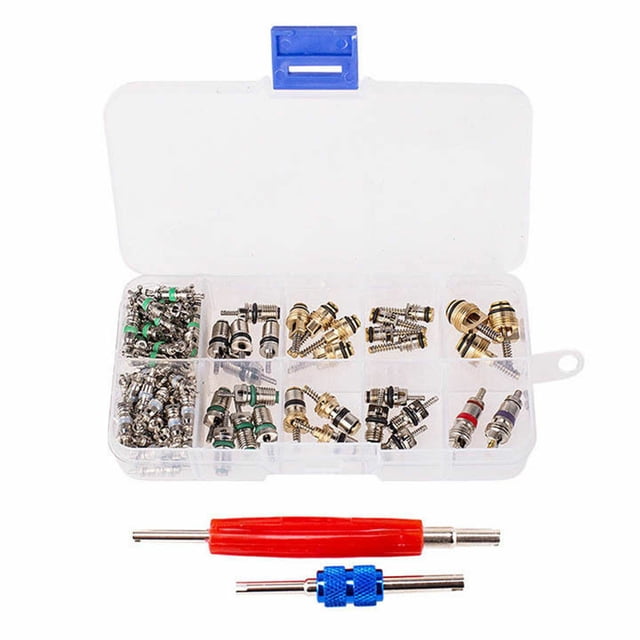 AC Schrader Valve Core Removal & Installation Tool Kit with 100 Valve Cores - 1/4" & 5/16" Sizes for R12/R134a Systems, High-Strength Metal Construction, Includes 2 Remover Tools & Storage Case -