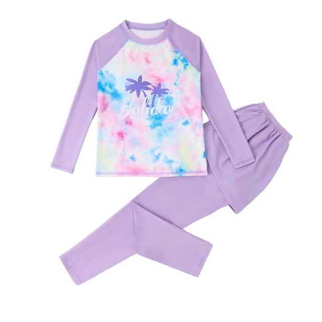MIASHUI Kid Girls Two Piece Rash Guard Swimsuits Long Sleeves Shirt and Swim Trunks,Purple,11-12 Years