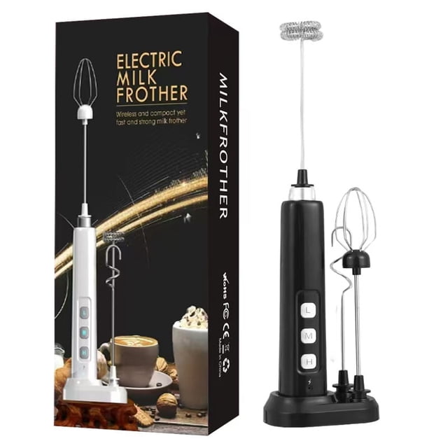 Batteur à Main Électrique Mousseur à Lait avec 3 Fouets en Acier Inoxydable, Noir