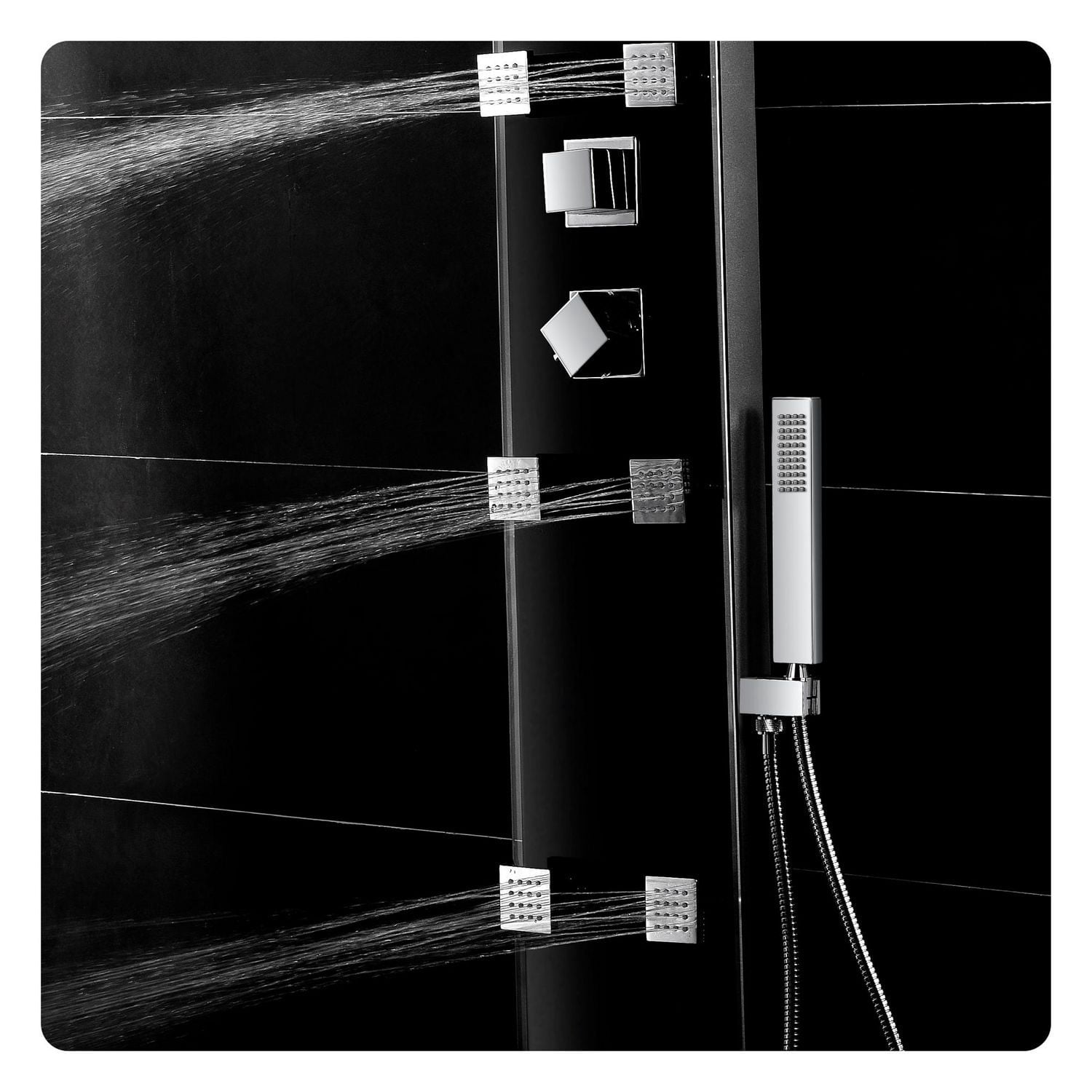 The akuaplus® ZARA stainless steel and glass shower panel with thermostatic cartridge and 3-way diverter, 6 body jets oriental, plus 1 shelf.