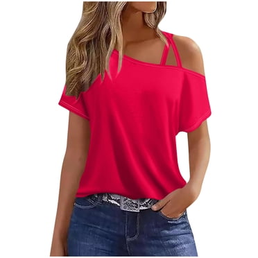 Scyoekwg Western Tops For Women Trendy Round Neck Cold Shoulder Tops Solid Color Summer Comfy Lightweight Short Sleeve T Shirts Casual Loose Blouses (Red,S)