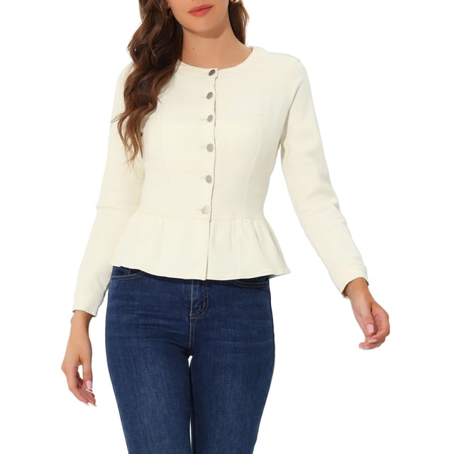 INSPIRE CHIC Vestes en Denim pour Femmes à Boutons Ourlet Péplum Manches Longues Veste en Jean Courte TG Beige
