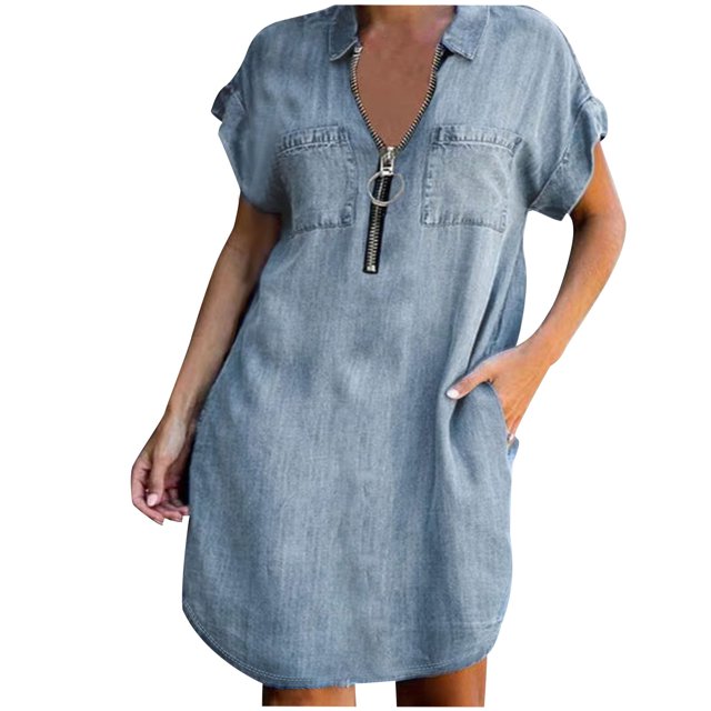 Pompotops Women's Short Sleeved Solid Color Loose Zippered Mid Calf Dress On Sale