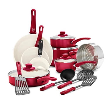 GreenLife Soft Grip Healthy Ceramic Nonstick Cookware Pots and Pans Set, 16 Piece, Red