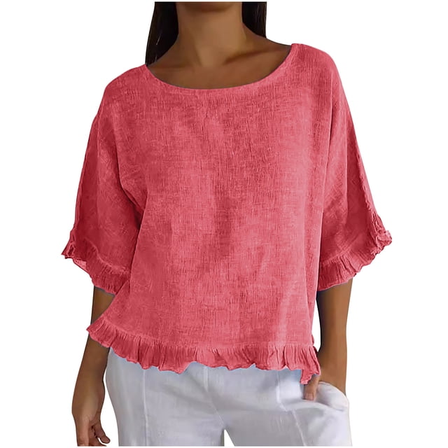 Plebaso Women's Cotton Linen T-Shirts Ruffle Sleeve Crew Neck Tee Shirts Solid Color Lightweight Tees Tops