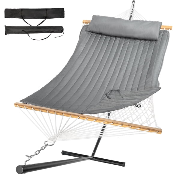 MIHOVER Hamac Double Robuste avec Support - Capacité de 500 Lb, Installation Facile et Oreiller Détachable - Gris