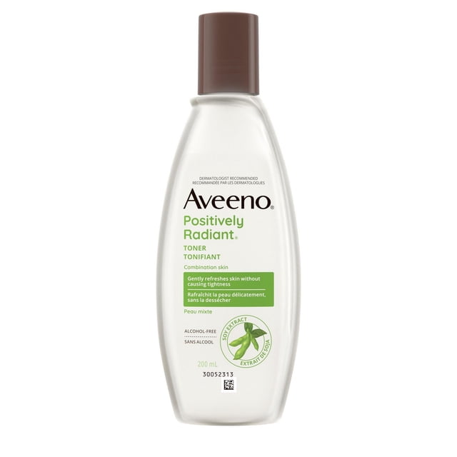 Aveeno Positively Radiant Toner in a 200 mL clear plastic bottle with a brown cap, formulated with soy extract for combination skin, alcohol-free and designed to gently refresh and tone skin without dryness, suitable for daily skincare routines.