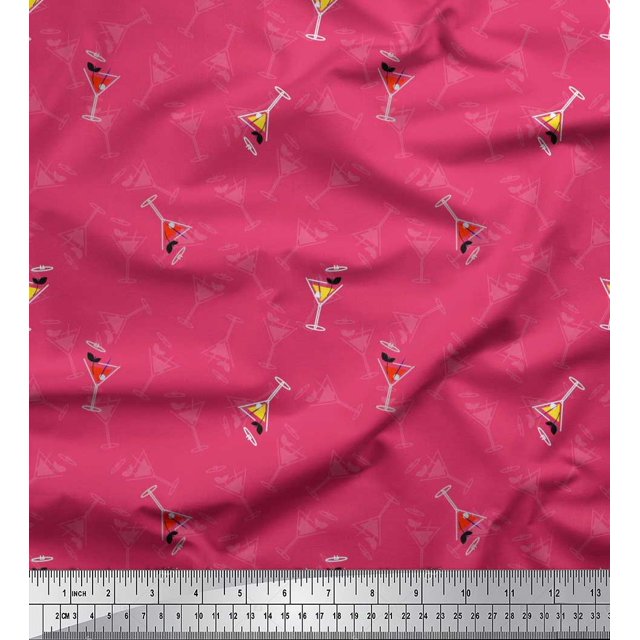 Soimoi Pink Modal Satin Fabric Glass,Straw & Drinks Summer Designs Printed Fabric 1 Yard 42 Inch Wide