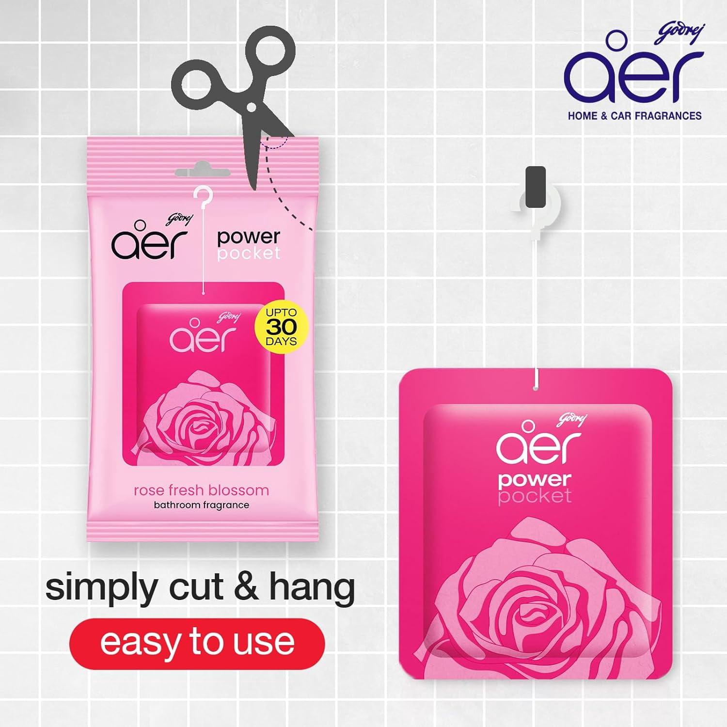 Godrej Aer Power Pocket Rose Fresh Blossom Bathroom Freshener, 10 g, Lasts Upto 30 Days, Air Freshener for Bathroom