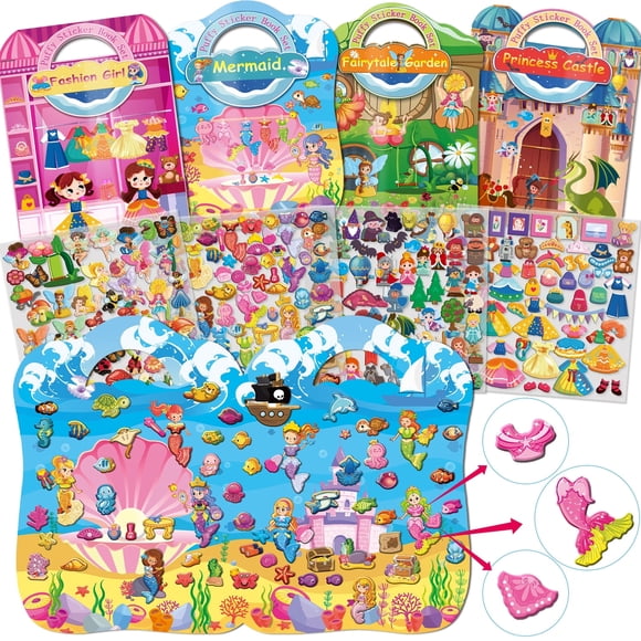 Kalysky Dress Up Sticker Books for Girls Ages 2-8, 4 pack Puffy Stickers Set
