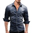 thumbnail image 2 of Men Denim Long-Sleeve Beefy Button Basic Solid Blouse Tee Shirt Top, 2 of 9