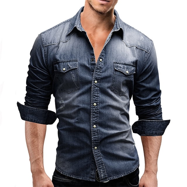 Men Denim Long-Sleeve Beefy Button Basic Solid Blouse Tee Shirt Top