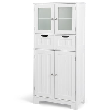 Costway Armoire de Rangement de Salle de Bain pour Plancher Armoire de Cuisine avec 2 Tiroirs et Portes en Verre Blanc