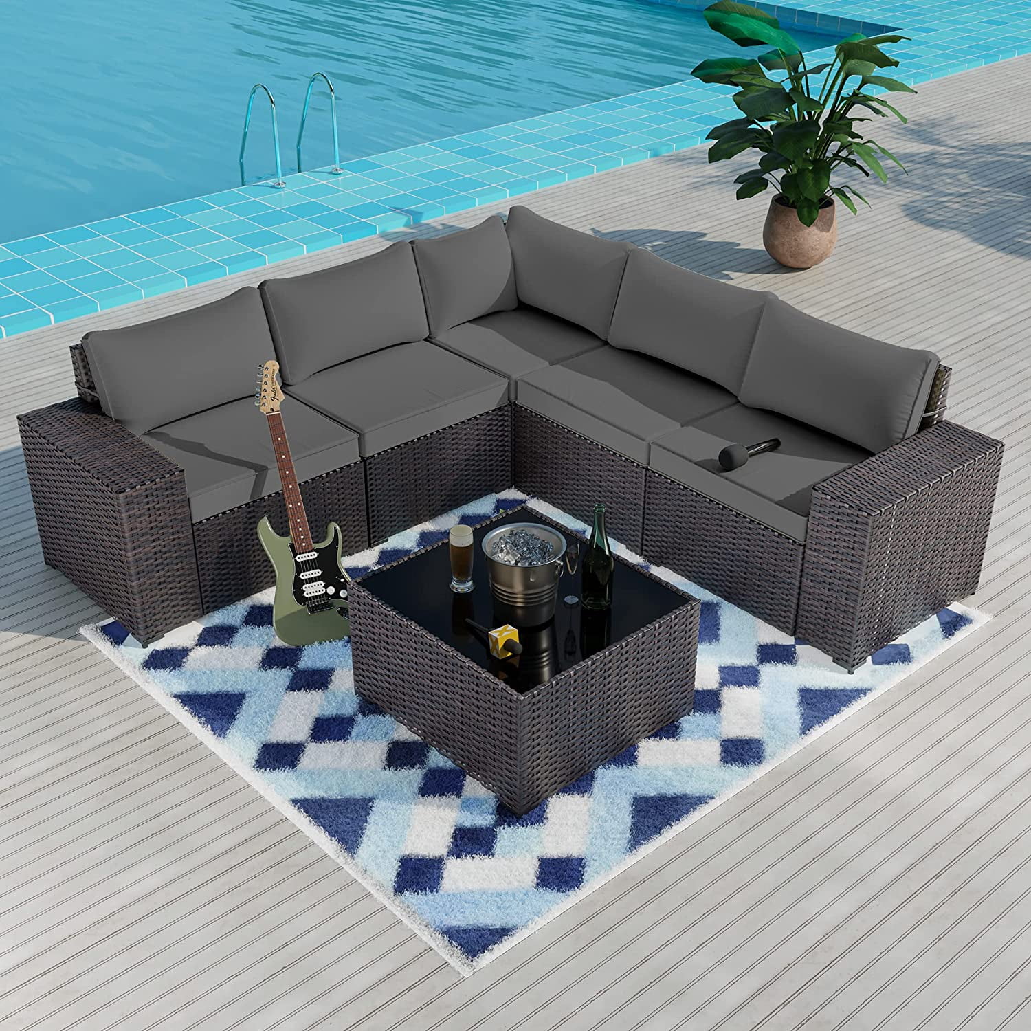 Kullavik Patio 6-Piece Steel Outdoor Wicker Sectional Sets with Cushions,Grey