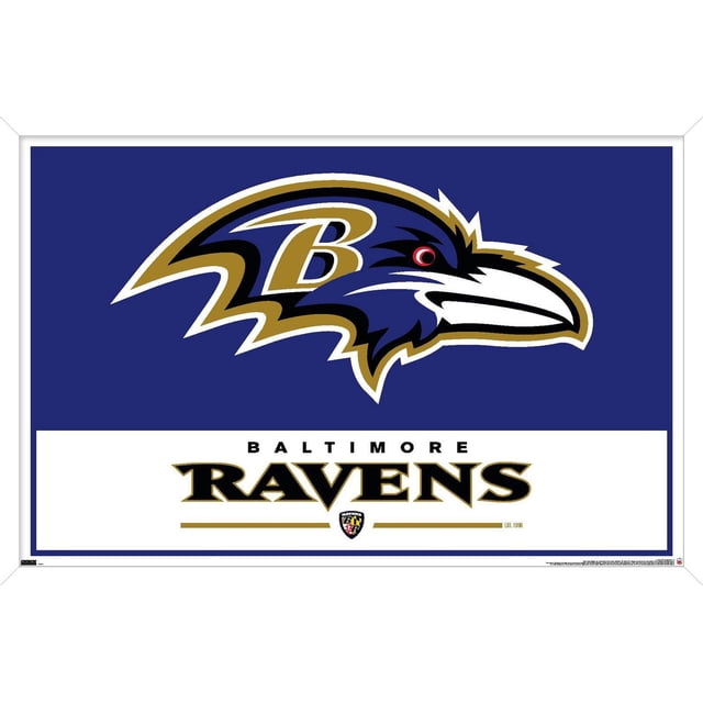 NFL Baltimore Ravens - Logo 21 Wall Poster, 22.375" x 34" framed displaying a front-facing Baltimore Ravens logo with a purple, black, gold, and white raven head on a dark blue background above 'BALTIMORE RAVENS' text in black and gold on white, framed in white with a sawtooth hanger, suitable for wall art in bedrooms, offices, dorms, and sports-themed party décor.