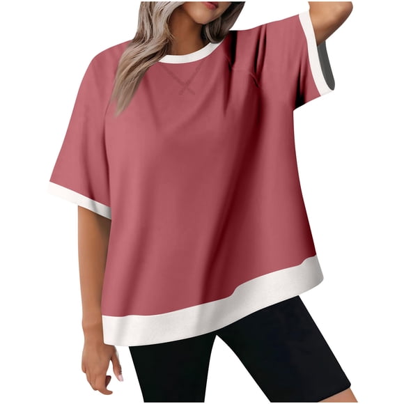 Plebaso Oversized T Shirts for Women Color Block Short Sleeve Tees Casual Crew Neck Loose Womens Shirts