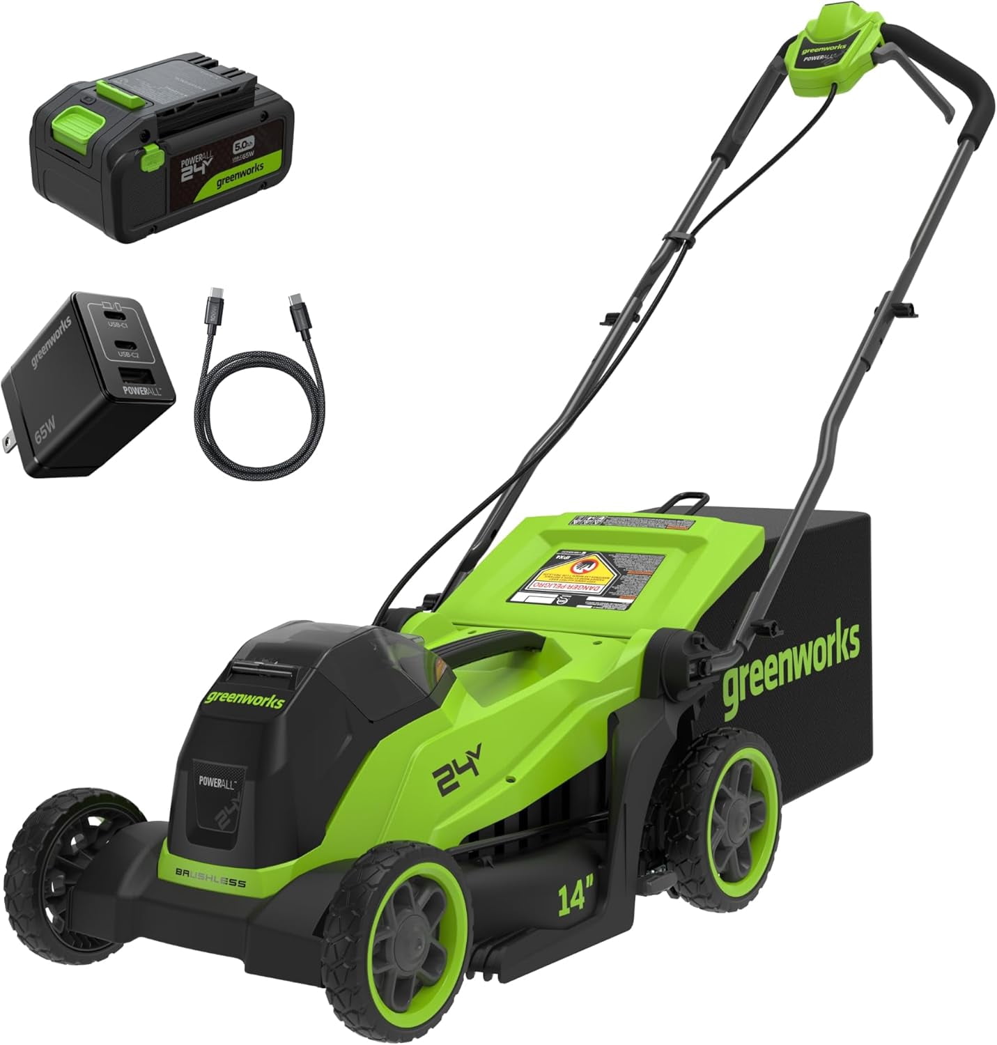 Greenworks 24V 14″ Brushless Cordless Lawn Mower Kit with 5.0Ah USB-C Battery & 65W Type-C Charger