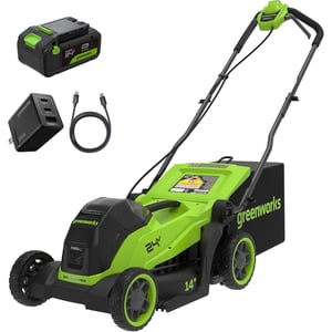 Greenworks 24V 14″ Kit de tondeuse sans fil sans brosse avec 5.0Ah USB-C pile & 65W Chargeur de type C