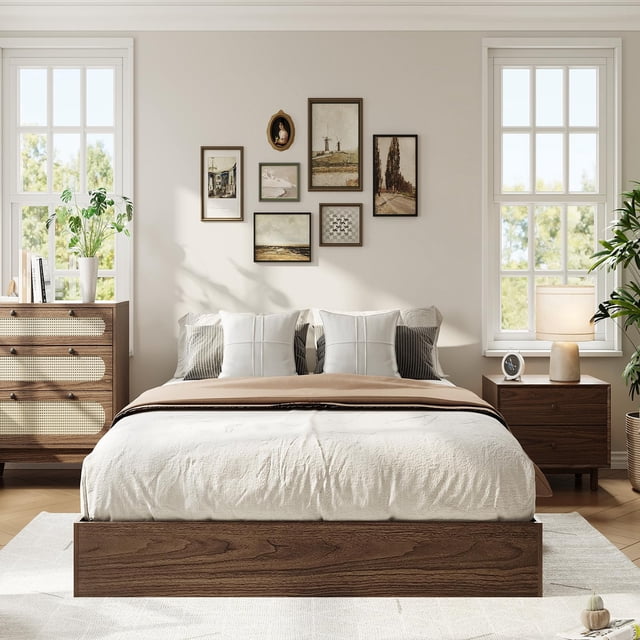 Yiwa Wooden Platform Bed Frame, Twin/Full/Queen/King, Sturdy Slats, Simple Floor Bed, No Box Spring Required