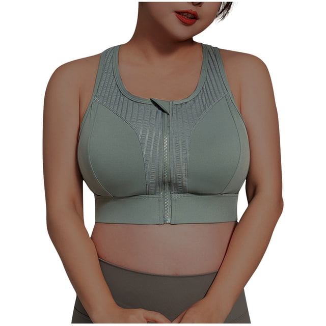 Timegard Sports for Women Plus Size High Impact Front Zipper Full-Coverage Racerback Breathable Bra in a muted green tone. This plus-size sports bra features a front zipper closure, racerback design, and full-coverage cups made of stretchy, breathable fabric. Designed for high-impact activities, it provides added support and comfort with a padded interior and flexible cup surface. Ideal for pairing with tank tops, t-shirts, and activewear.