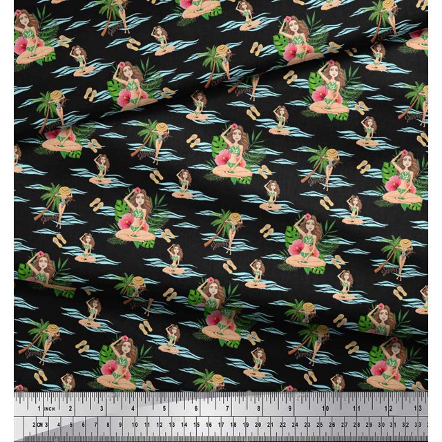 Soimoi Black Poly Georgette Fabric Palm Tree & Girl Beach Decor Fabric Printed Yard 52 Inch Wide