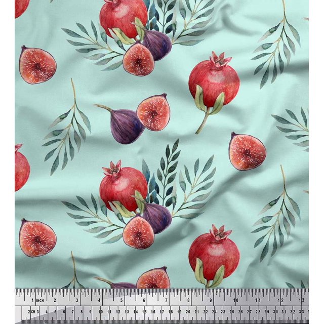 Soimoi Green polyester Crepe Fabric Pomegranate & Fig Fruits Print Fabric by the Yard 42 Inch Wide