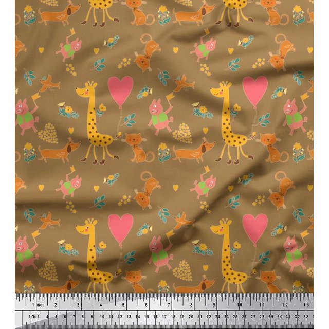 Soimoi Rayon Fabric Balloon,Floral & Cute Animals Cartoon Decor Fabric Printed Yard 42 Inch Wide