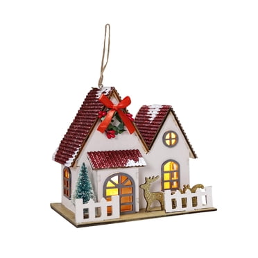 Mini Christmas Village House Christmas Winter Village,Houses Wood Buildings Scene DIY Glowing Log Cabin for Room Decor,Table B