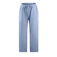 thumbnail image 2 of Women Casual Solid Cotton Linen Drawstring Elastic Waist Wide Leg Pants Cropped Trousers, 2 of 6