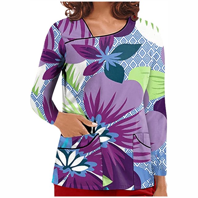 Pompotops Hauts à Col en V pour Femmes, Uniforme de Travail, T-Shirt Imprimé à Manches Longues avec Poches