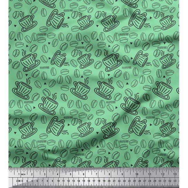 Soimoi Green Poly Georgette Fabric Coffee Food Printed Fabric 1 Yard 52 Inch Wide