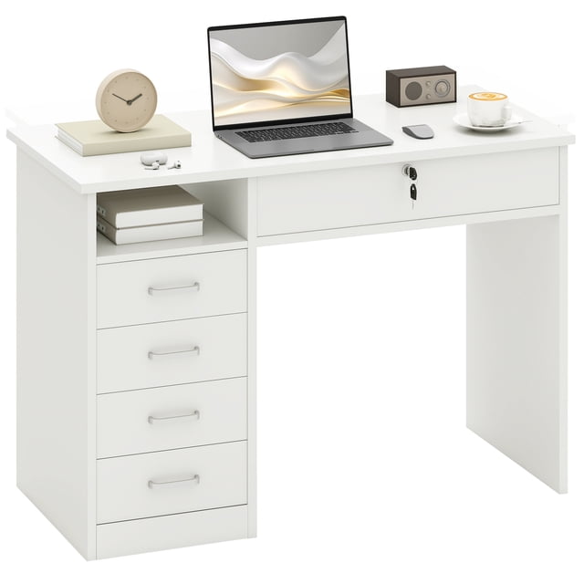 Vinsetto Computer Desk with Lockable Drawer and Open Compartment in white. This modern desk features a 43.3-inch by 19.7-inch tabletop, five drawers, and an open shelf for ample storage. The large drawer is lockable with two keys for secure document storage. Made of melamine-coated particle board, it is sturdy and easy to clean. The desk is shown with a laptop, books, a clock, and a cup of coffee on the surface, highlighting its functionality for remote work or hobbies. Ideal for small spaces, it fits against walls or in corners.