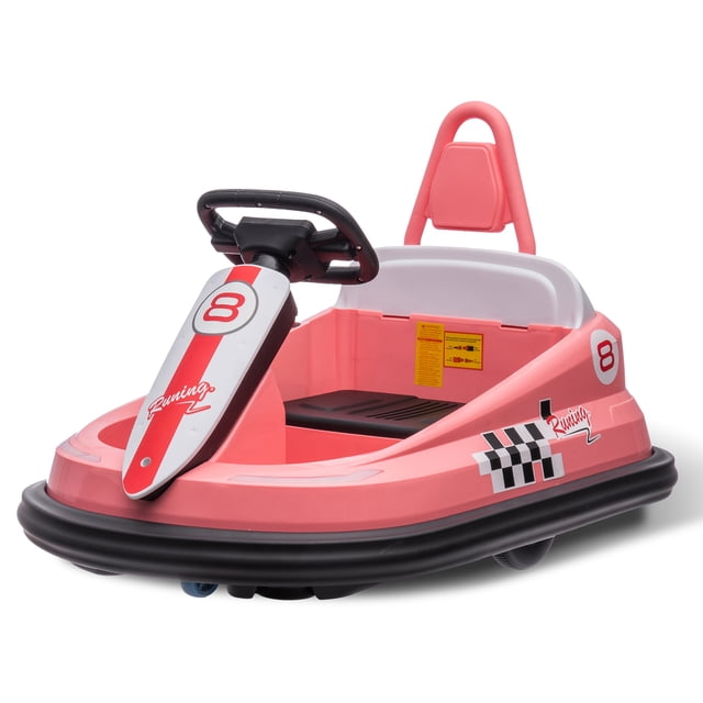CazToi 6V Ride On Bumper Car with 2 Speeds Electric Ride On Toy Car for Kids 2-6 in a vibrant pink design. Features include a steering wheel, adjustable seat belt, anti-flat tires, and a robust plastic shell for safety. The car offers 360° spinning capability, LED lights, a horn, and MP3 music for an engaging play experience. Powered by dual 15W motors and a 6V 4.5AH battery, it provides up to 60 minutes of continuous use. Suitable for children aged 2-6, with a weight capacity of up to 66 lbs.